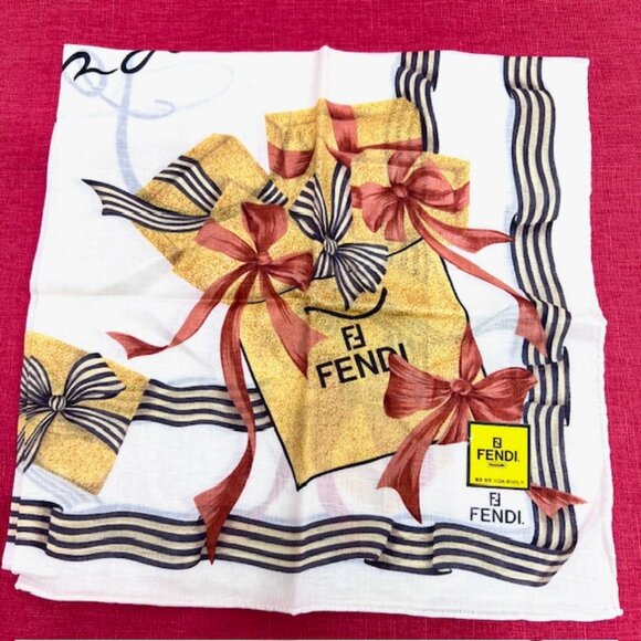 New Fendi Cotton/ Handkerchief/MiniScarf 19" Ivery yellow orange bow ties (94) - Picture 2 of 6